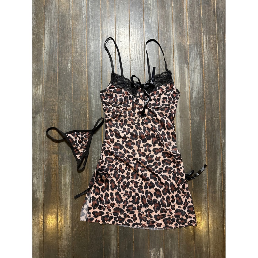 Leopard Print Mesh Chemise Lingerie Set with Lace Trim and Ribbon Ties - Picture 2 of 4